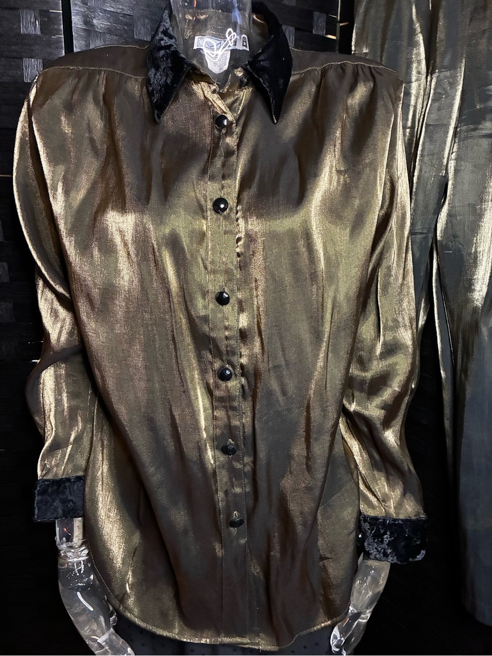 Metallic Gold Button-Up Blouse with Black Velvet Collar